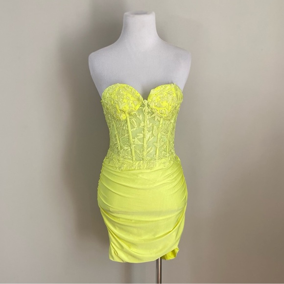 Diantha Vibrant Yellow Lace Corset Mini Dress